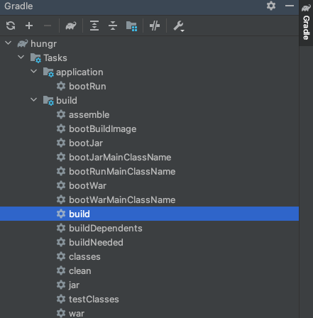 A screenshot of the Gradle task list with the build task highlighted